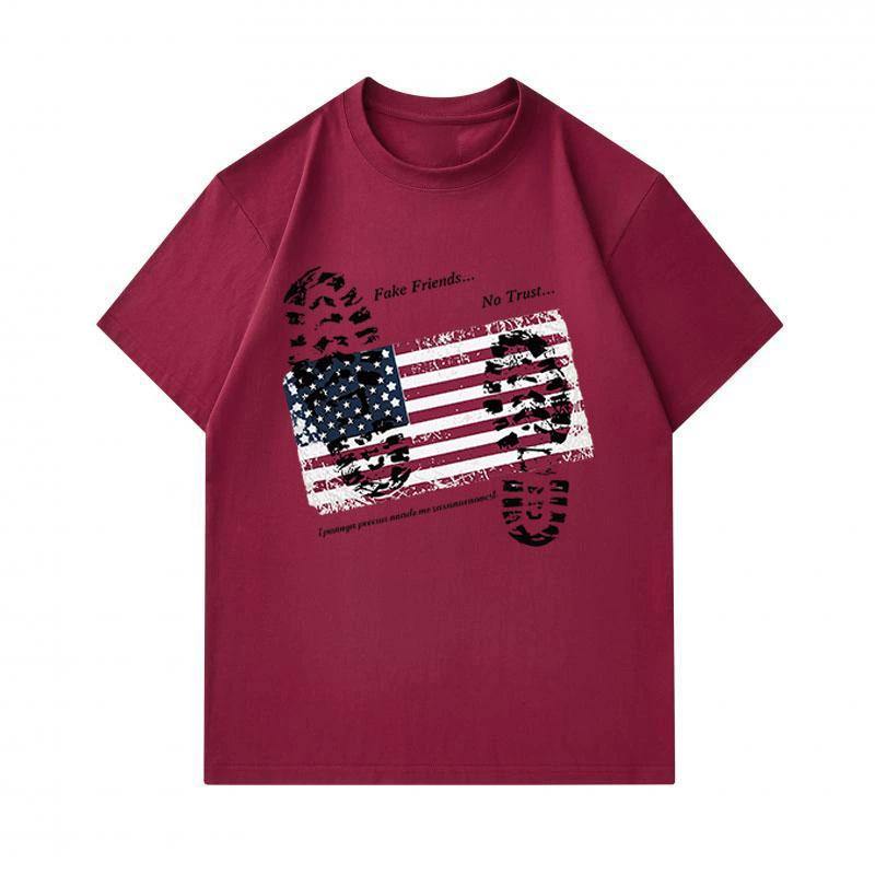 Men's 100% Cotton Crew Neck Short Sleeve T-Shirt, Distressed USA Flag Fake Friends No Trust Print Casual Comfortable Tee for Daily Wear