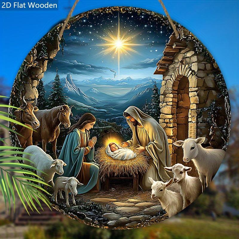Nativity Wooden Christmas Sign with Starry Sky & Stone House Pattern - Charming Navidad Sign and Plaques - Ideal Christmas Gift for Friend