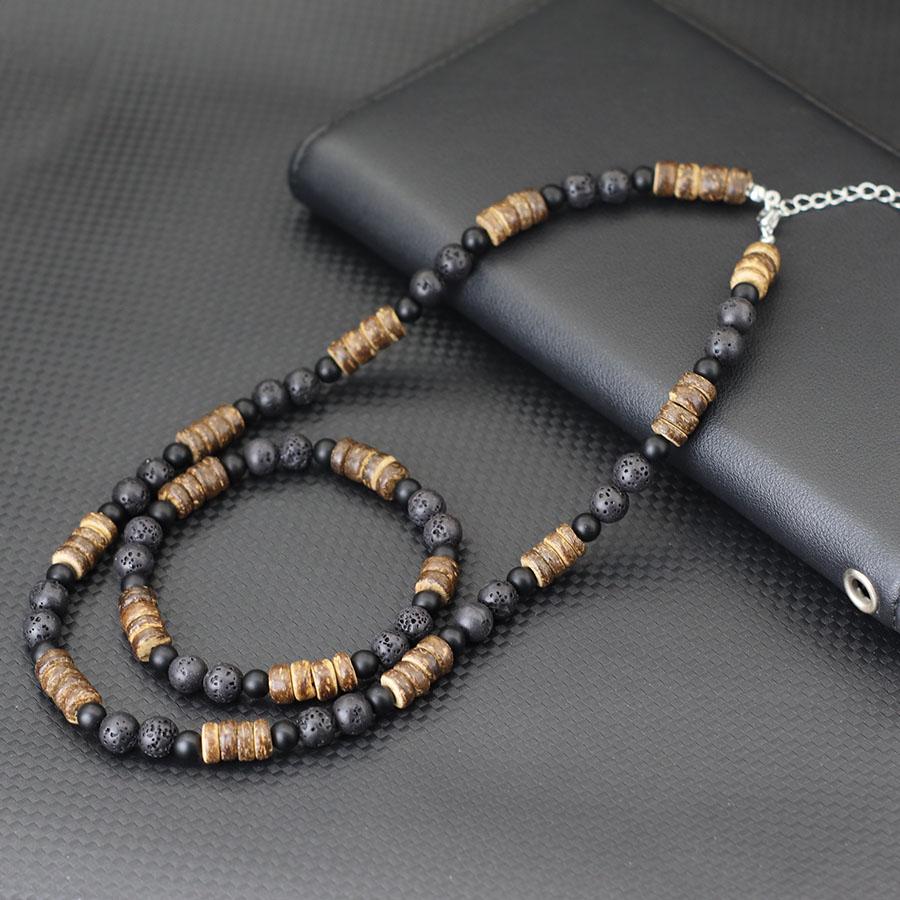 

2Pcs Jewelry Set Natural Coconut Husk Wood Necklace Bracelet Men 18 Inches Short Collar Volcanic Tiger Eyes Stone Colar Pulsera