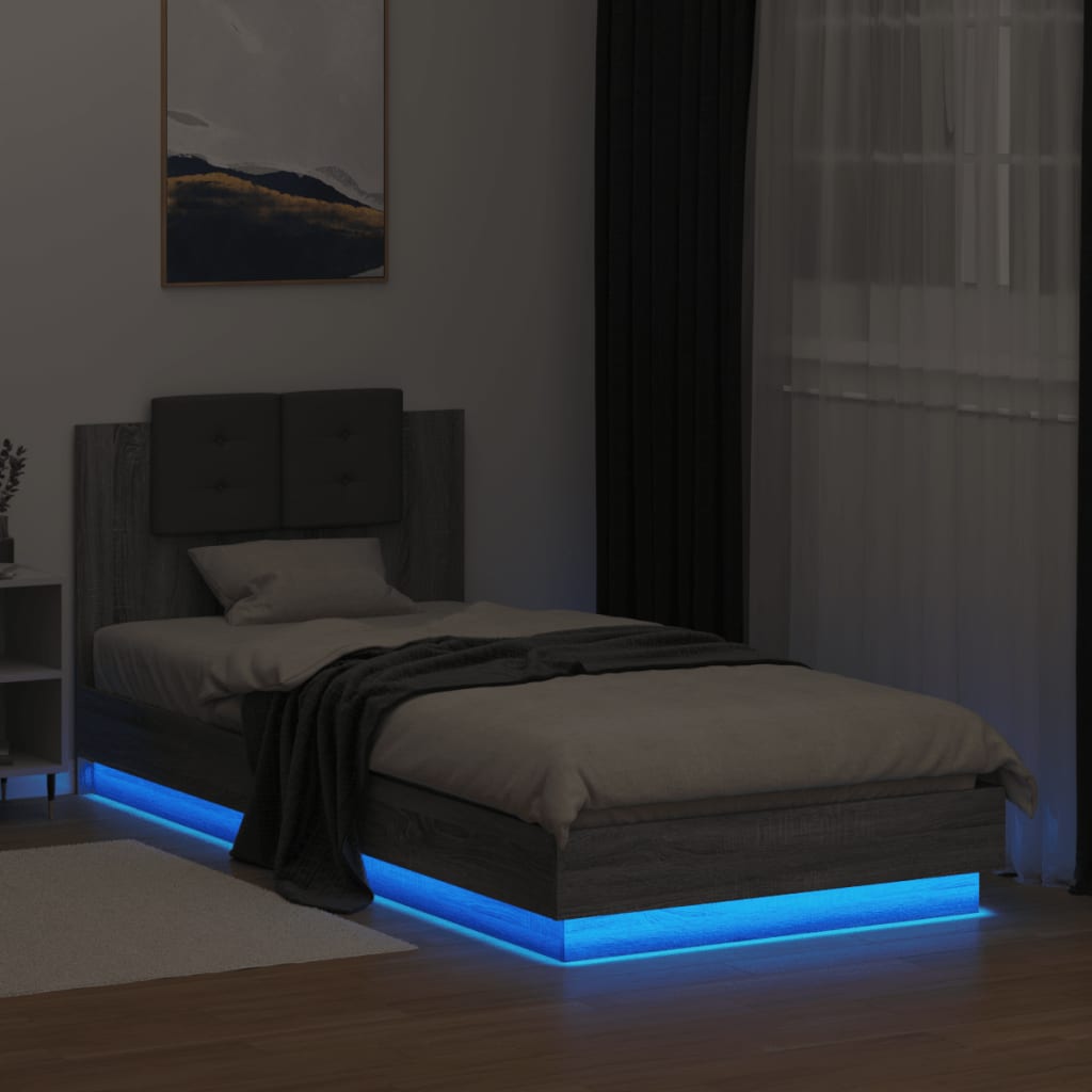 Bed Frame with Headboard and LED Lights Gray Sonoma 90x200 cm