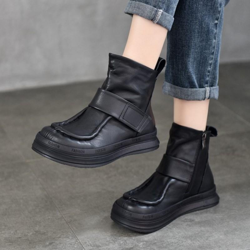 Johnature Vintage Genuine Leather Handmade Shoes Round Toe Short Boots Casual Versatile Women's Shoes