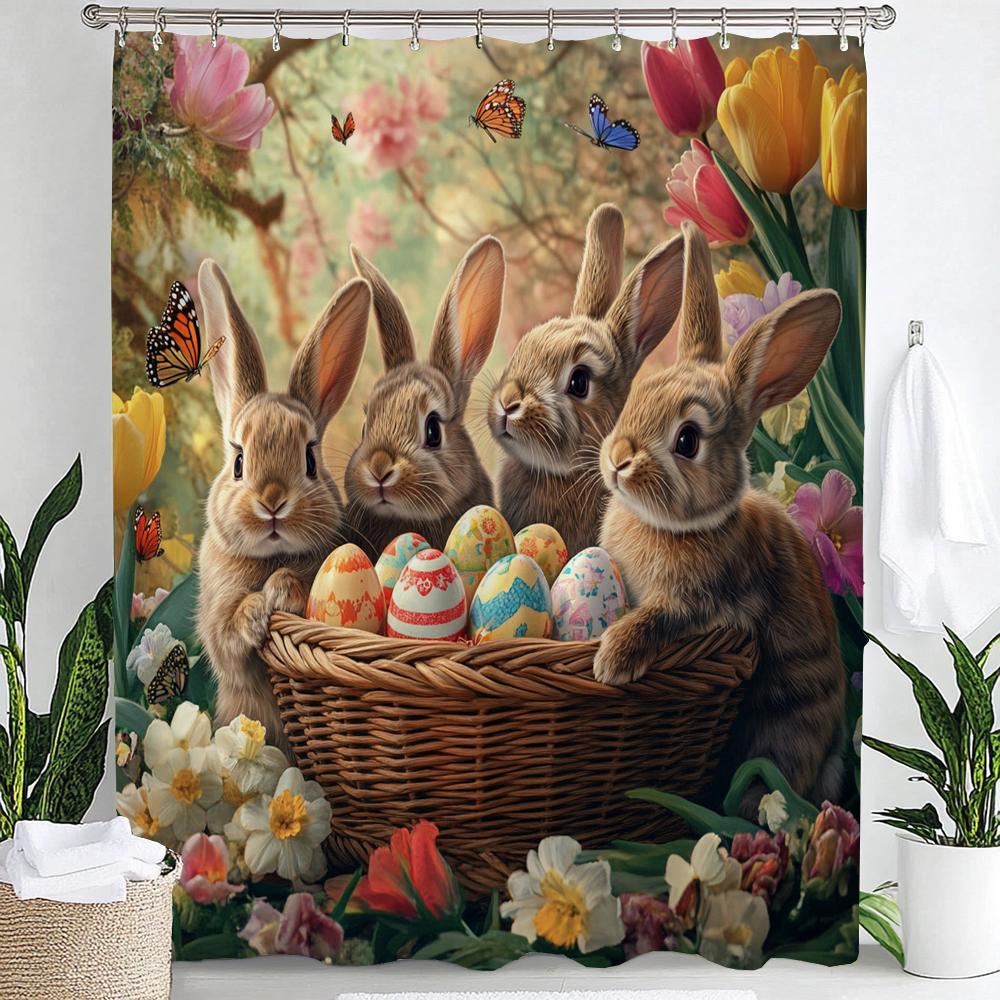 Happy Easter Shower Curtain,Egg and Rabbit Cartoon Printed Polyester Fabric Decorative Bathroom Curtain, Home Curtain with Hooks