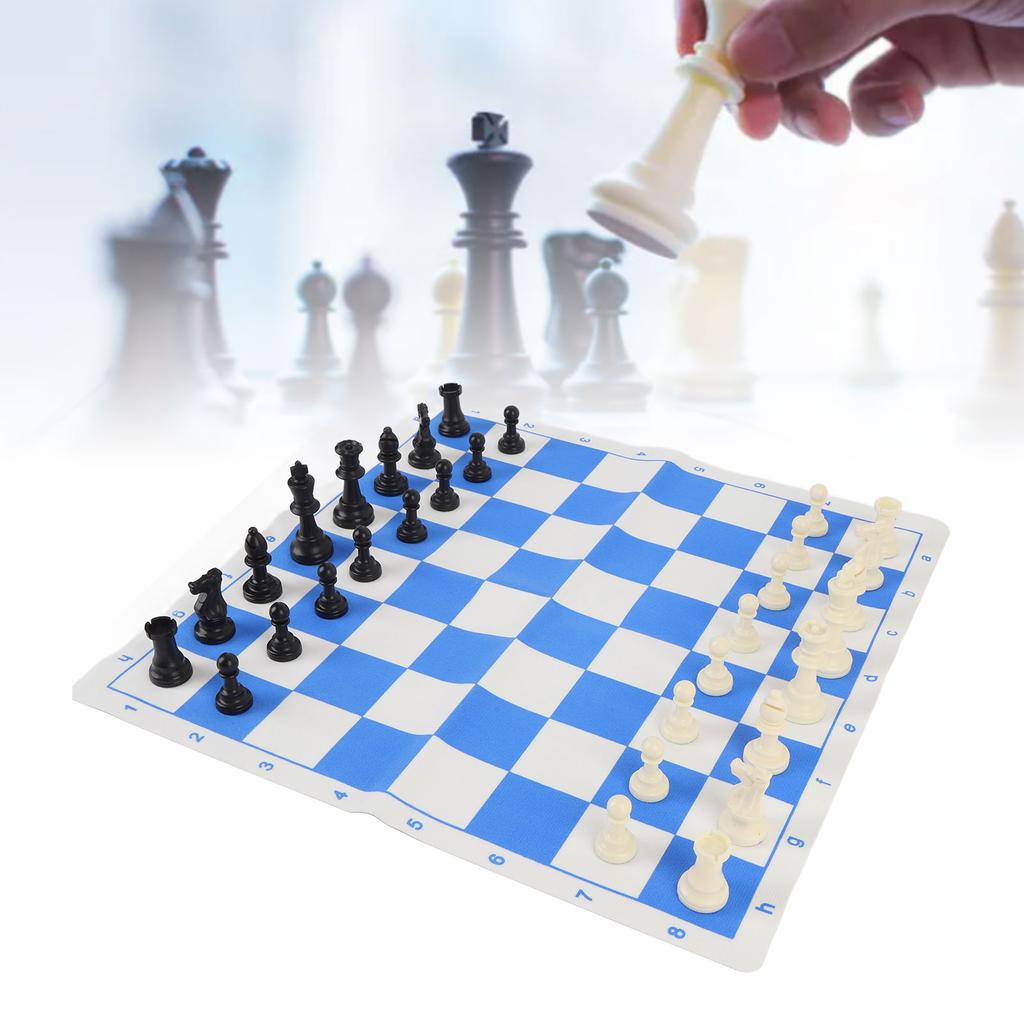 Chess Set 42cm Blue and White Rollable PU Checker Board 75mm Plastic Chess Pieces with Felt Padding
