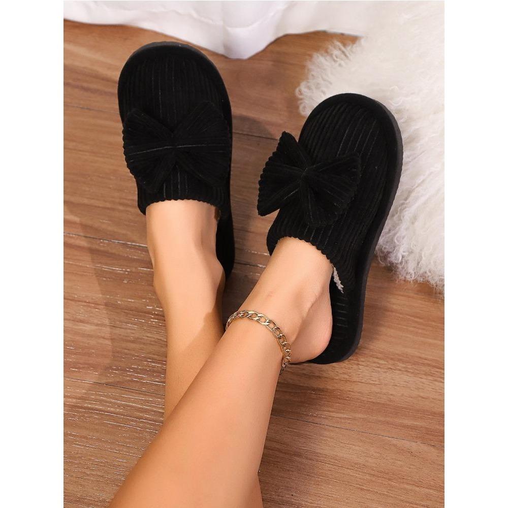 Cute Bowknot Soft Sole Fuzzy Slippers, Winter Cozy & Warm Slip On Plush Shoes, Comfy Closed Toe Home Slippers