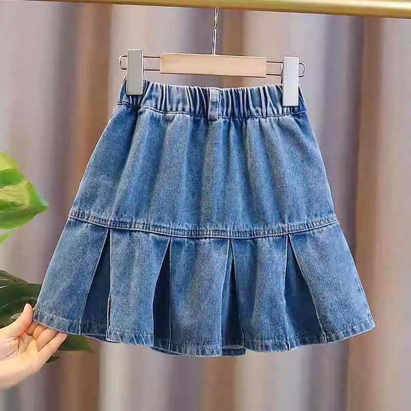 Girls' Korean Style Pleated Denim Skirt - Versatile Summer Fashion for Big Kids