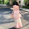 Bohemian Hollow Out Spaghetti-Strap Tiered Maxi Dress for Women Summer Sleeveless Backless Tie Up Slim Printed Beach Dress