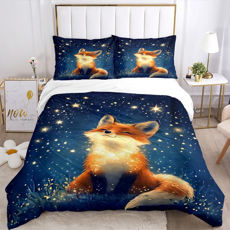 3pcs Enchanted Fox Gazing At Starry Night Sky Quilt Set, Soft and Comfortable Bedroom