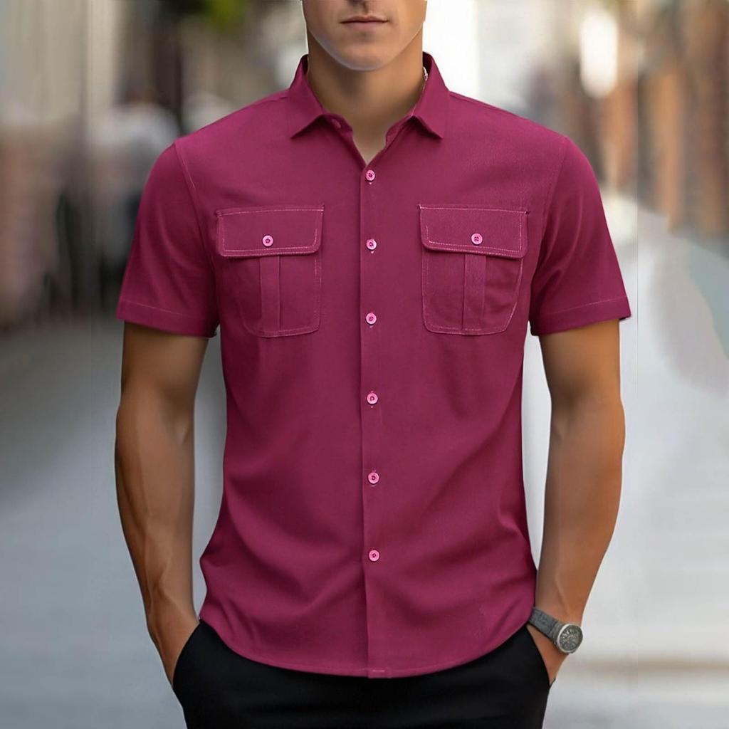 Men Short Sleeve Button Down Shirt with Dual Chest Pockets Classic Collar Casual Regular Fit Top for Everyday Wear
