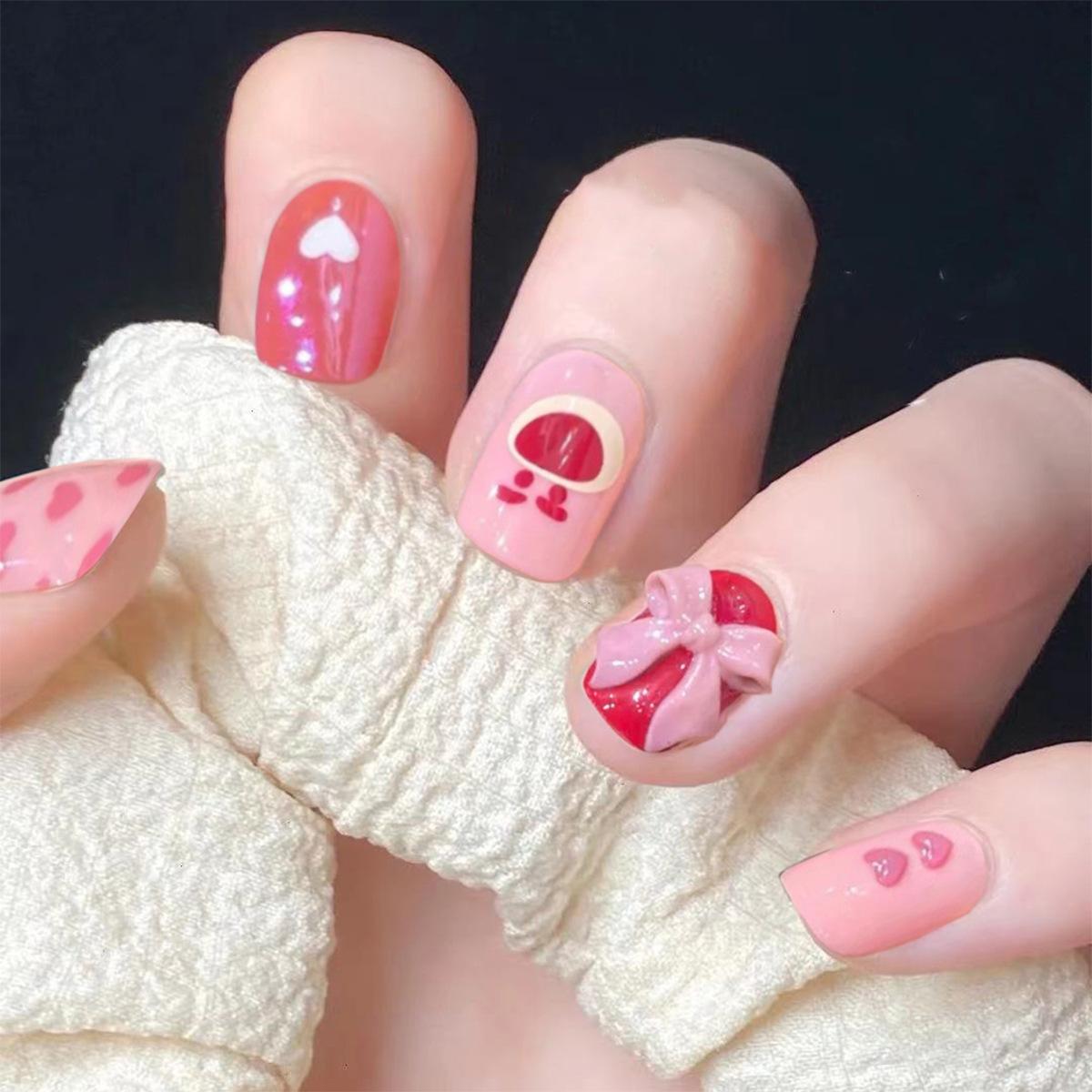 

Cute Bear Peach Heart Bow Wear Nail Art Finished Fake Nail Nail Art Patch Nail Patch Removable Nail Patch