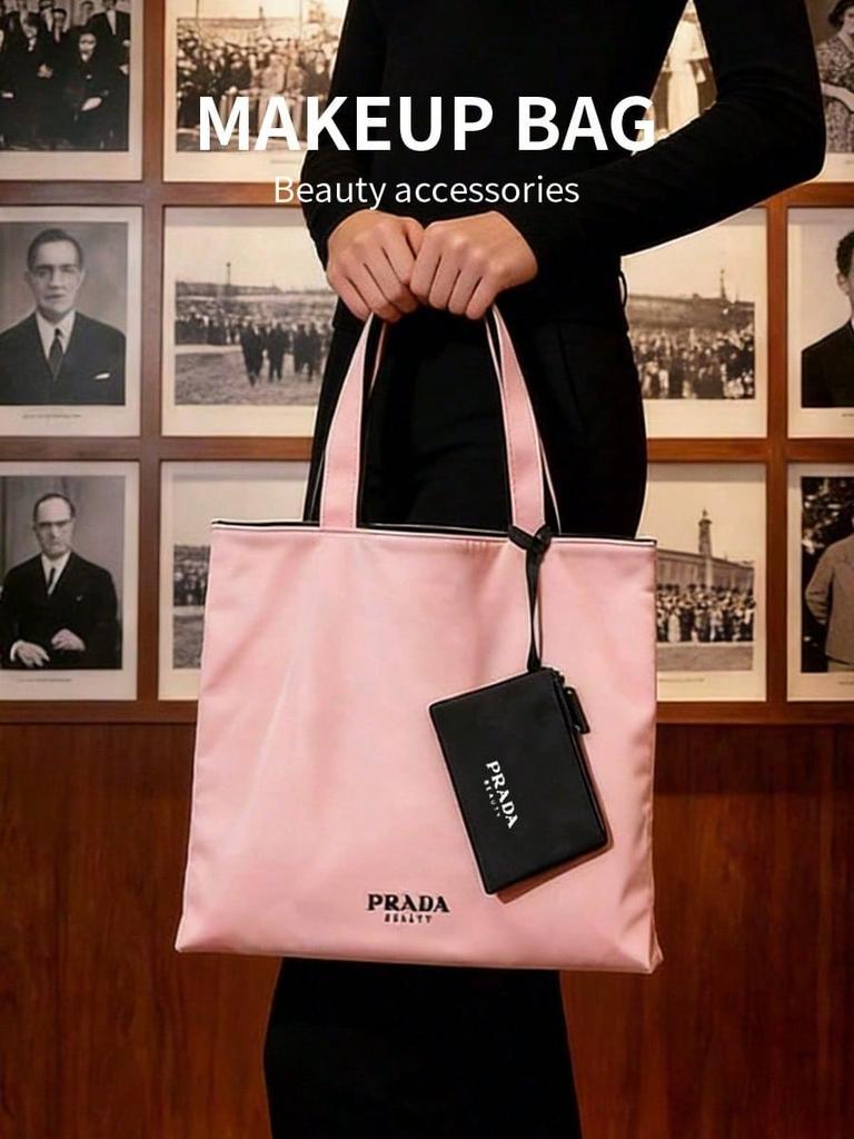 PRADA Pink Nylon Tote Makeup Bag with Mini Zipper Pouch Printed Logo Large Capacity Women Travel Handbag