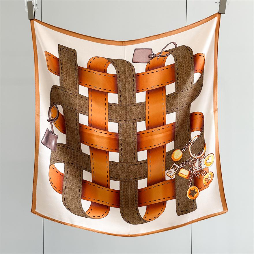 

New 100% Silk Scarf Belt Coffee Printed Lightweight Silk Shawls Scarf for Women Spring Summer 65CM Square Neckerchiefs 65CMX65CM