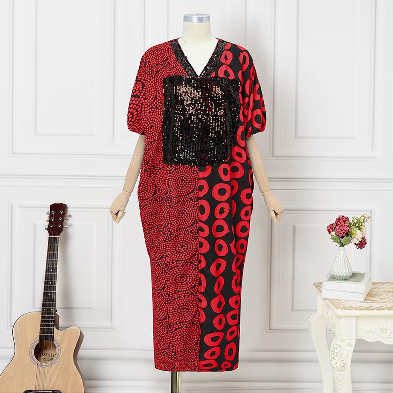 Oversized Women V Neck Half Sleeve Geometric Print Stitching Casual LooseDress