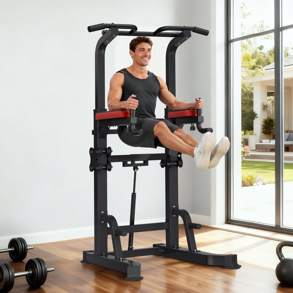 Pull-up Bar, 150kg Power Tower Dip Station, Trainings Dip Station met H-vormige Stabiele Basis & Hulpplatform, Verstelbare 9 Niveaus Hoogte Pull-up