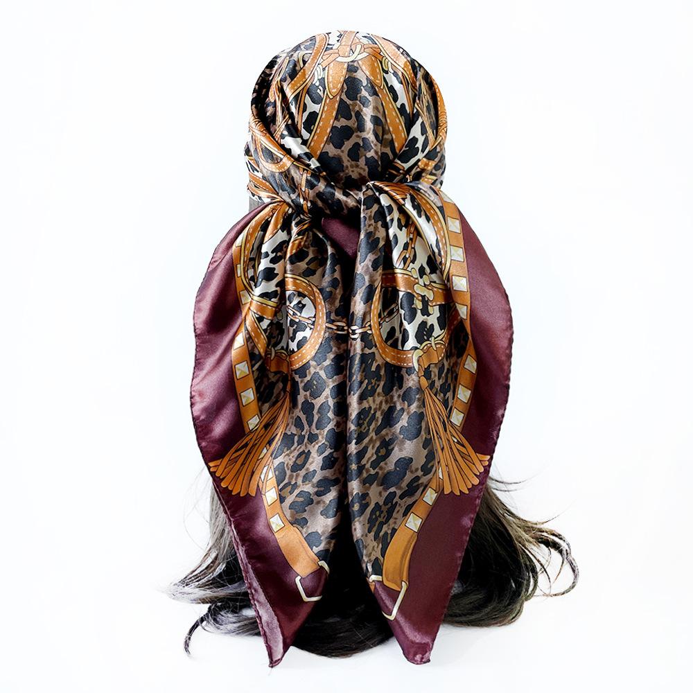 90cm Faux Silk Satin Square Scarf – Leopard Print Silk Scarf for Women, New Style Headscarf and Shawl