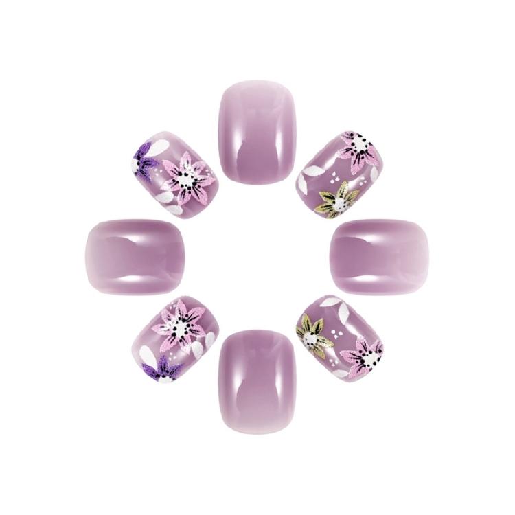 24 ks krátkých čtvercových akrylových nalepovacích nehtů s fialovým květinovým designem, vhodné na večírky a denní nošení