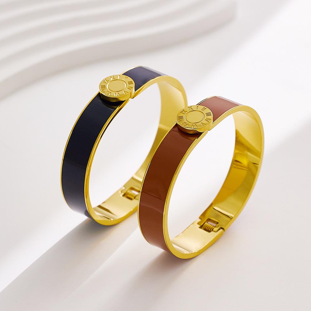 Luxury Roman Number Enamel Titanium Steel Bracelet 18K Gold Plated Waterproof Cuff Bangle Jewelry Best Gift for Women Girlfriend