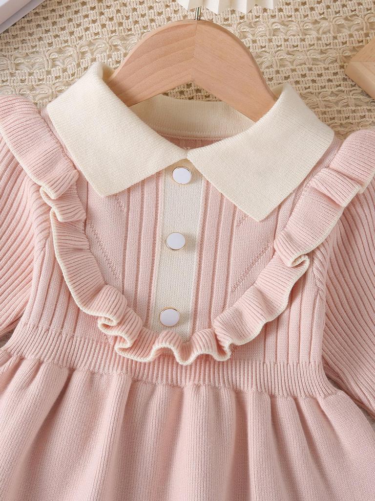Children's Long Sleeve Knitted Princess Dress with Turn-Down Collar for Spring and Autumn