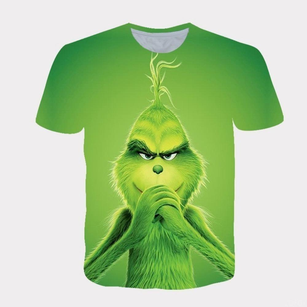 Nowy Świąteczny Kreskówkowy Zielony Futrzany Potwór Drukowany 3D Męski T-shirt z Krótkim Rękawem Świąteczny Grinch