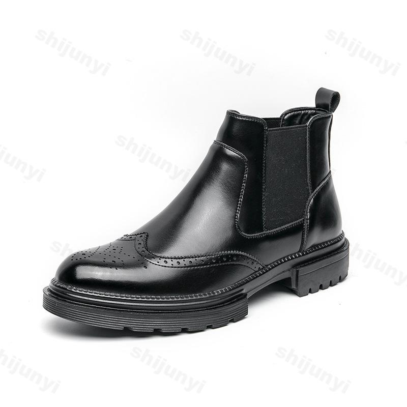 Fashion Men Boots New High Top Solid Color Round Head Carved Business Casual Men Boots British Style PU Leather Boots Large Size 38-46