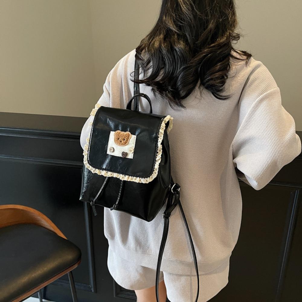 Ruffled Lace Drawstring Backpack PU Leather Cute Bear Knapsack Sweet Fashion Backpack  Outdoor