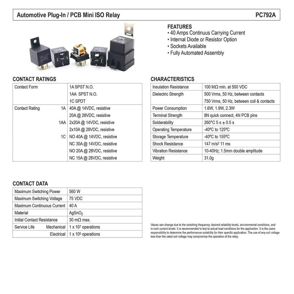 (2PCS) PC792A-1C-C1-12S-RN-X Relay Automotive SPDT 40A 12V