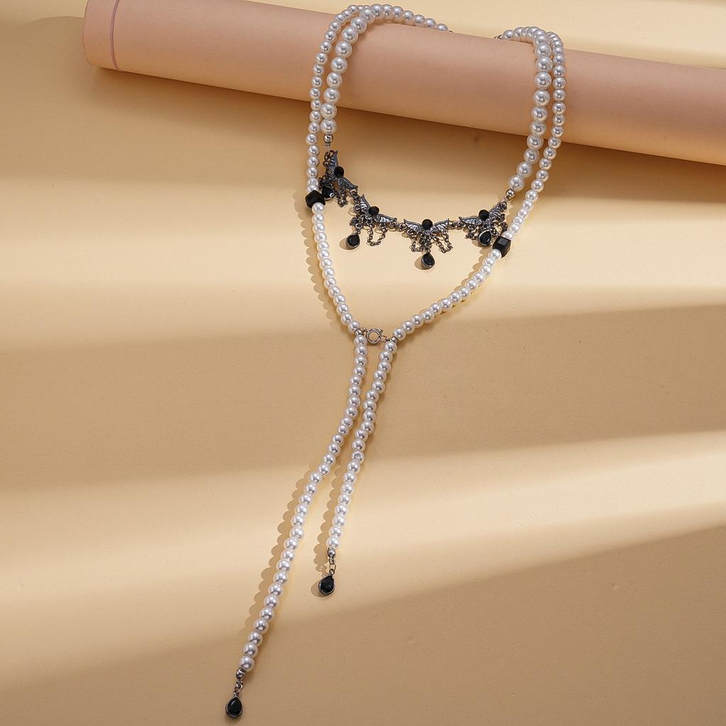 Imitation pearl glass beaded wings water drop pendant multi-layer sweater chain personalized necklace