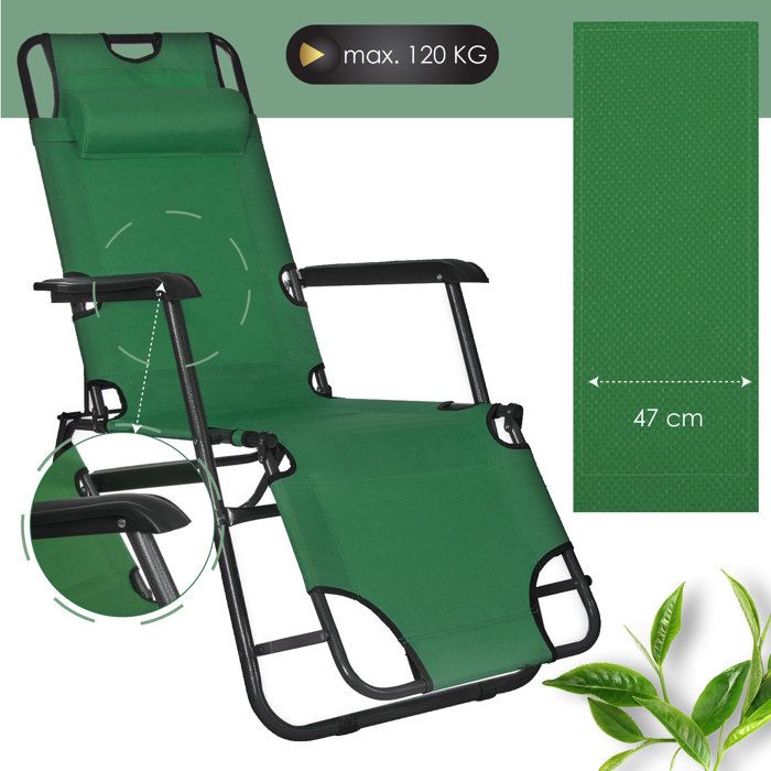 Chaise longue - Springos® - Modèle pliant - Vert - Appui-tête - Accoudoirs confortables