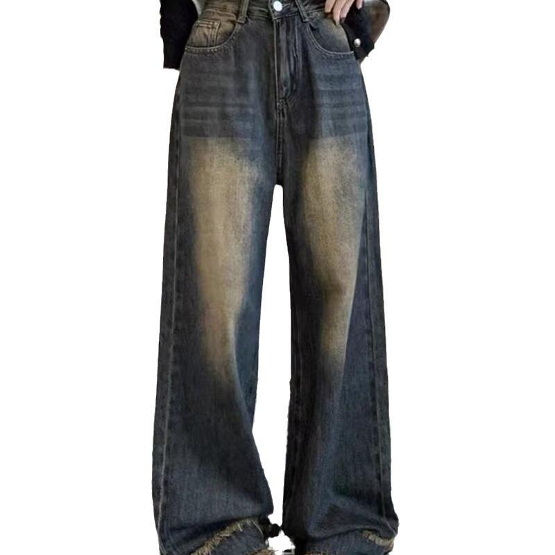Women's High-Waist American Retro Distressed Wide-Leg Jeans for Spring
