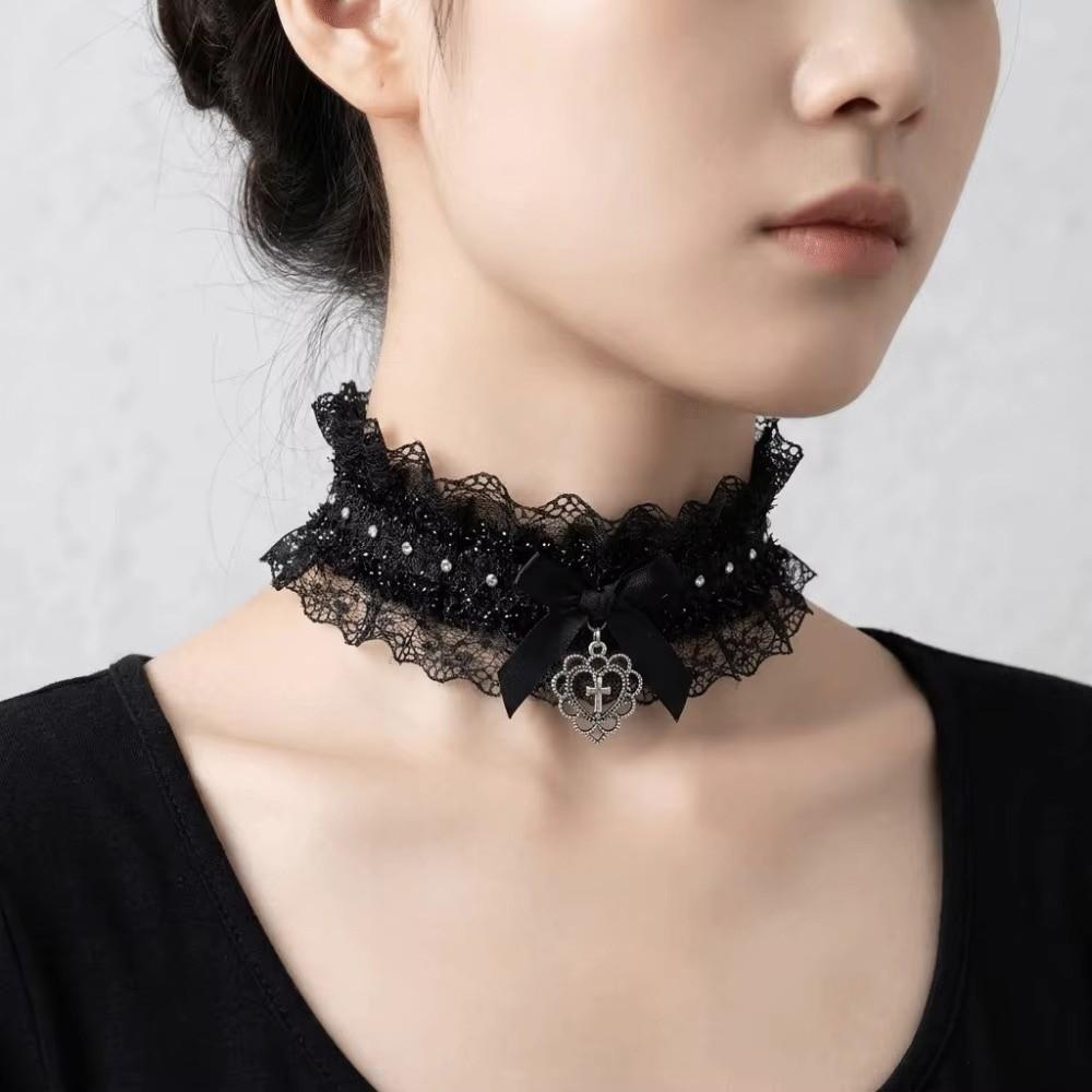 Bow Cross Heart Heart Pendant Necklace Elastic Band Collar Necklace New Lace Necklace Girls Women