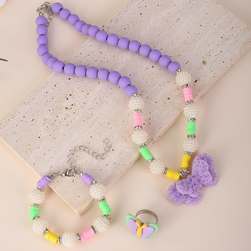 Sweet Princess Bow Necklace Bracelet Suit Candy Purple Bead Chain Children's Zircon Handmade Zircon Accessories