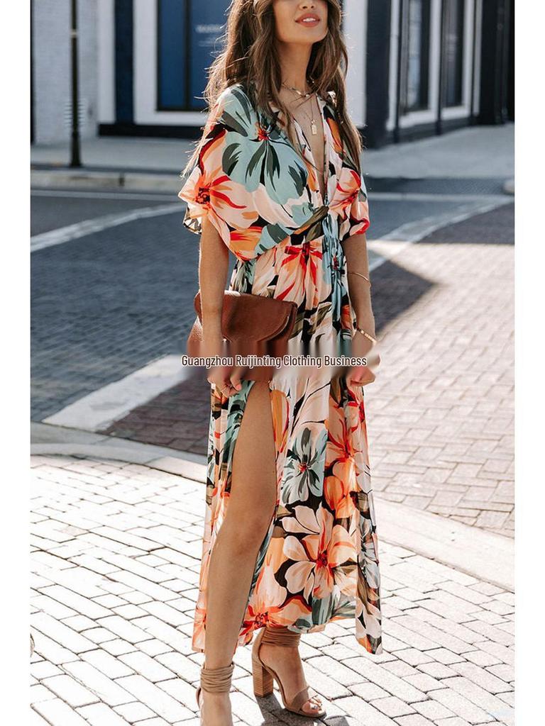 2026 Summer Floral V-Neck Dress: European & American Style, Slimming Fit for Women