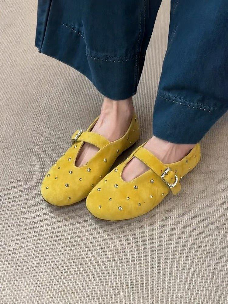 Soft leather version~ frosted leather shallow mouth small single shoes women's retro rivet round head Mary Jane shoes flat comfortable grandma shoes