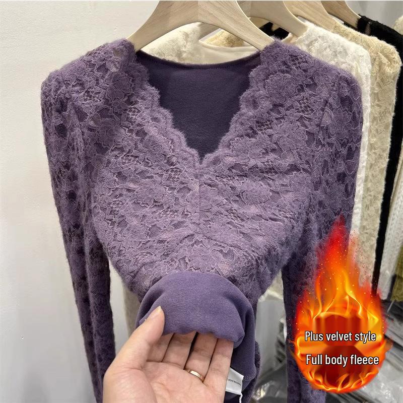 Chic V-Neck Lace Velvet Layered Top for Women - Trendy Autumn/Winter 2025