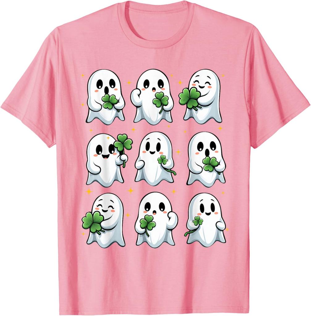 T-shirt Graphique Mignon Fantôme Tenant un Trèfle Saint-Patrick Cadeau Irlandais Drôle T-shirt Casual à Manches Courtes