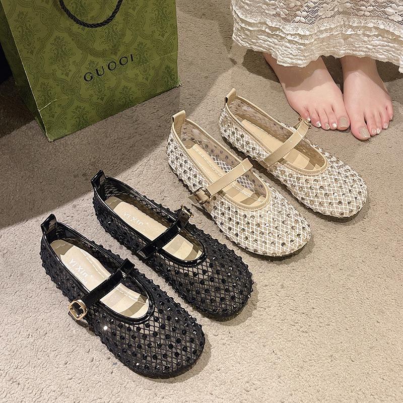 Spring new mesh one-word buckle ballet shoes women's rhinestone flats hollow fishing net Mary Jane single shoes