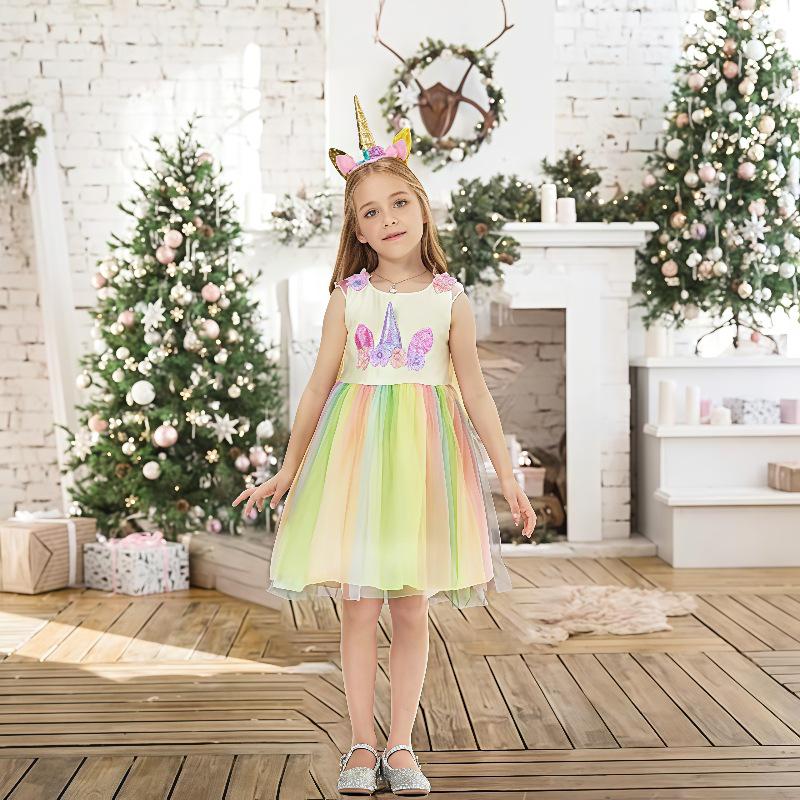 Kinder Regenbogen Einhorn Kleid mit Farbverlauf: Ärmelloser Macaron-Gaze-Rock Prinzessinnen-Set