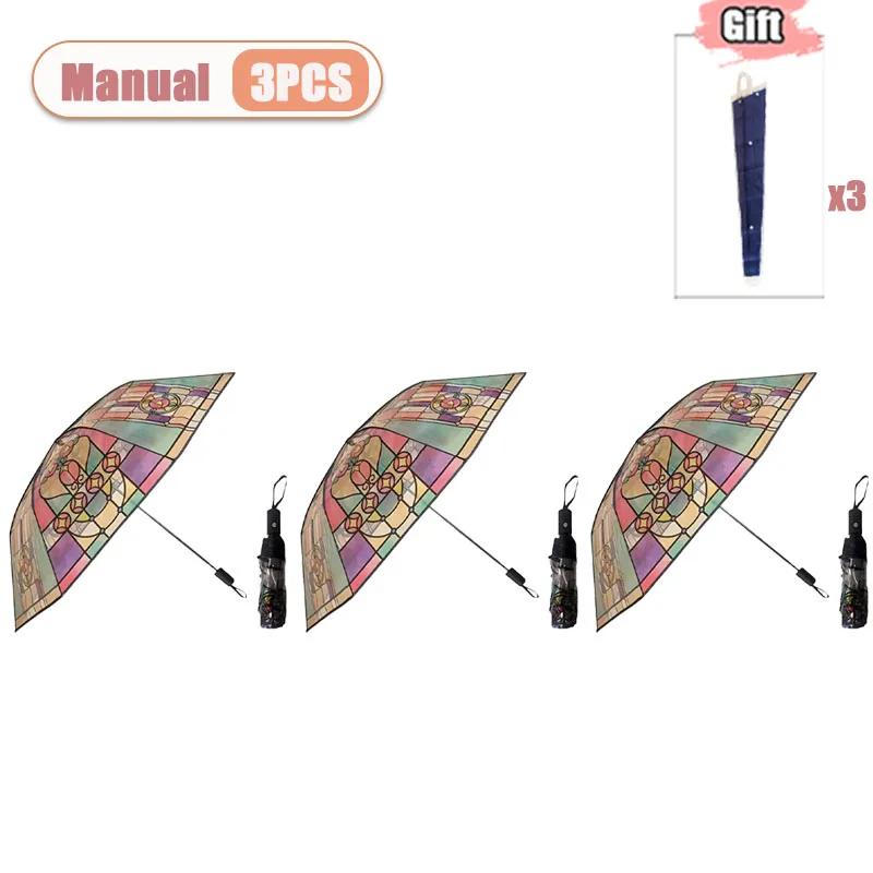 1/2/3PCS Hand-Painted Transparent Umbrellas Stained Glass Print  Long Handle Romantic Unisex Rain Sun Protection Parasol