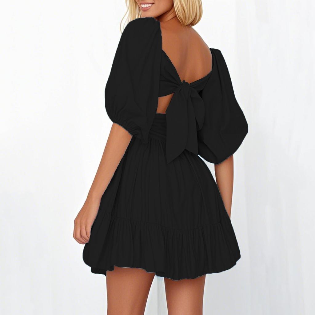 Women's Summer Square Neck Ruffle Short Sleeve Tie Solid Color Dresses