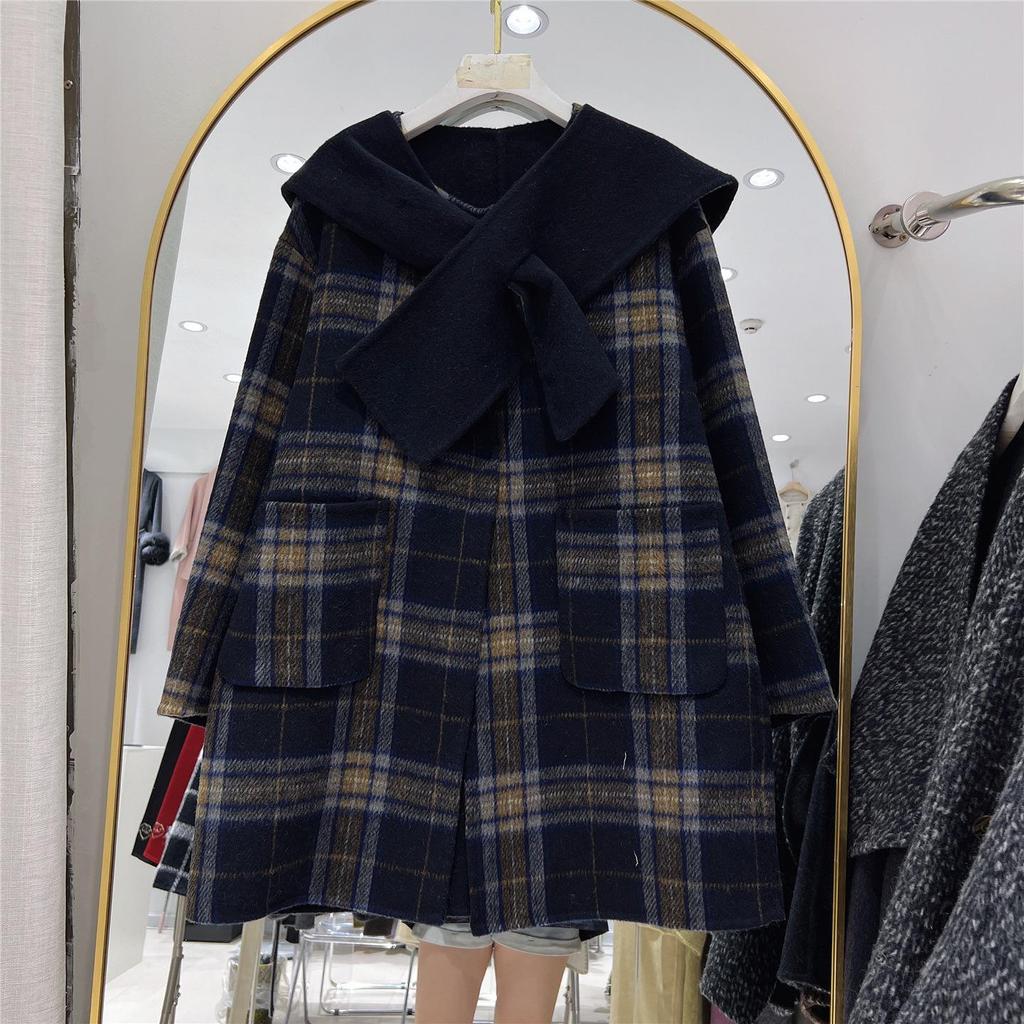 2025 Autumn/Winter Women's Korean Style Plaid Double-Sided Cashmere Shawl Collar Coat