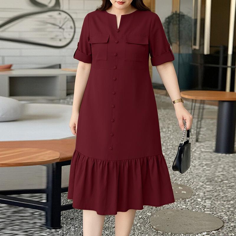 ZANZEA Women Casual Round Neck Loose Ruffles Hem Solid Color Half Sleeve Dress