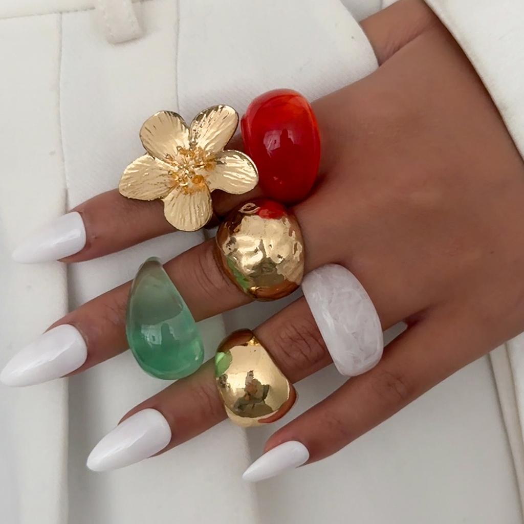 Ingemark 6Pcs/Set Vintage Geometry Resin Flower Rings for Women Trendy Creative Metal Open Adjustable Knuckle Rings Jewelry Gift