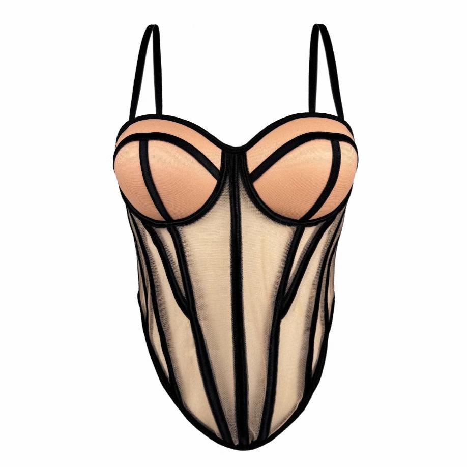 Sexy Sheer Mesh Corset Top for Women Fishbone Bustier Top with Push up Cups Streetwear Clubwear Body Shaper 34B/75