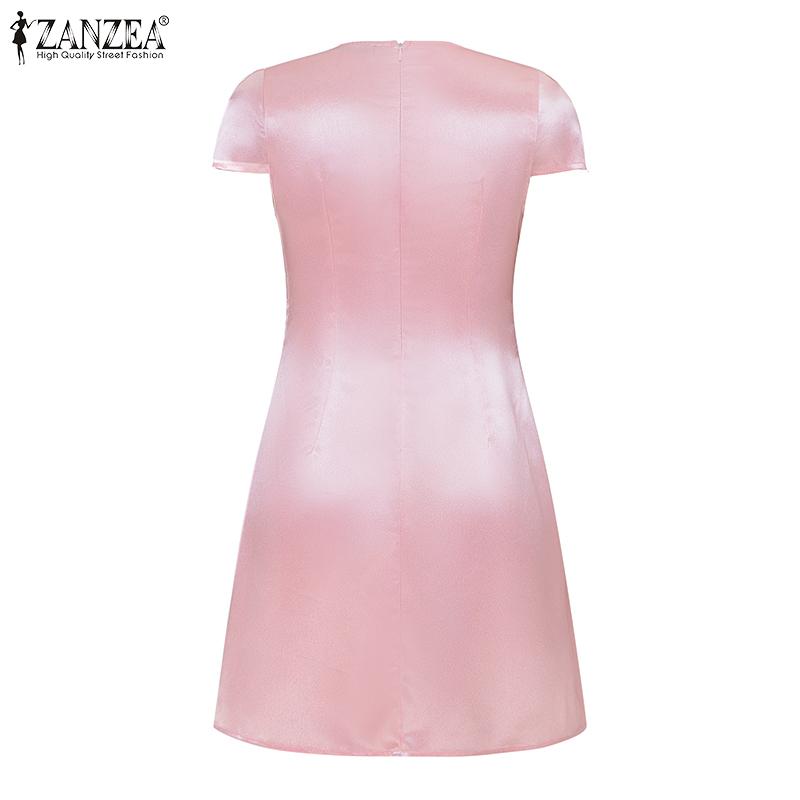 ZANZEA Damen Lässiges Sommerkleid mit Rundhalsausschnitt und kurzen Ärmeln