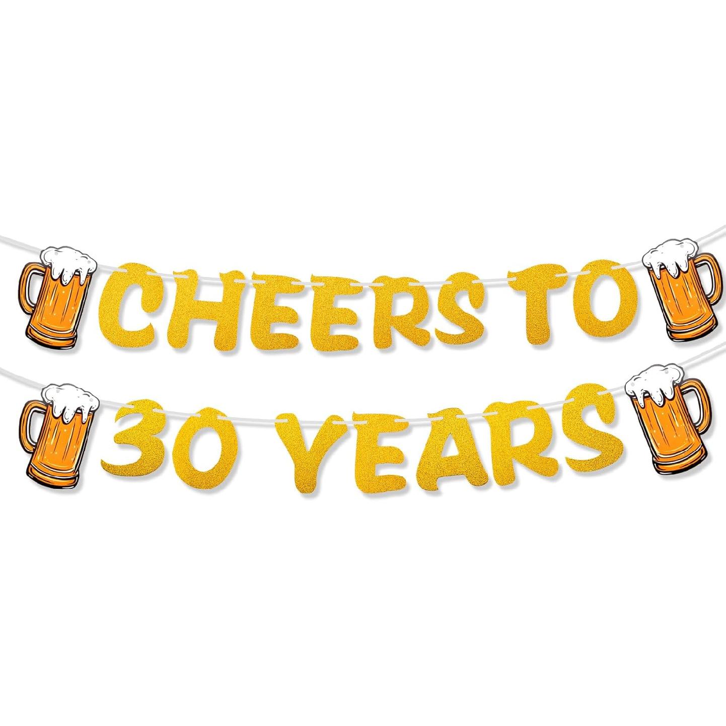 Cheers to 40 Years Banner with Beer Mugs –Gold Glitter Pre-Strung 40th Birthday Decorations, Wedding Anniversary Party Supplies, Cheers & Beers 30