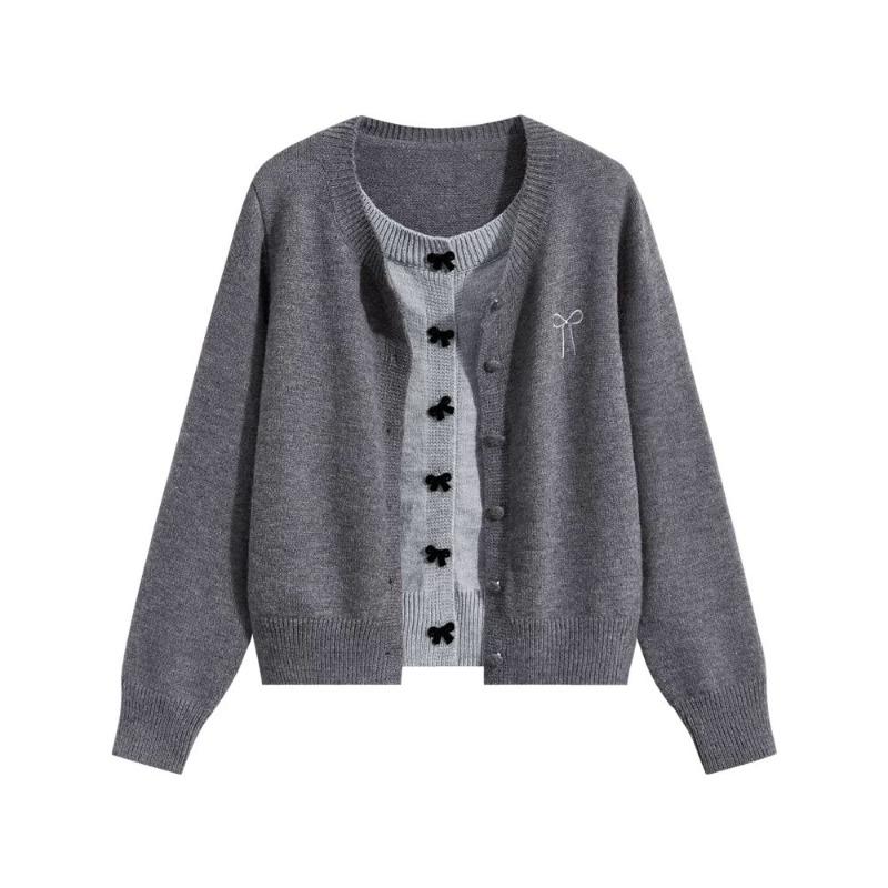 Bow Tie Fake Two Women's Cardigans Color Blocking Round Neck Solid Color Knitted Sweater Campus Style Korean Style Woman Slimming Casual Coat
