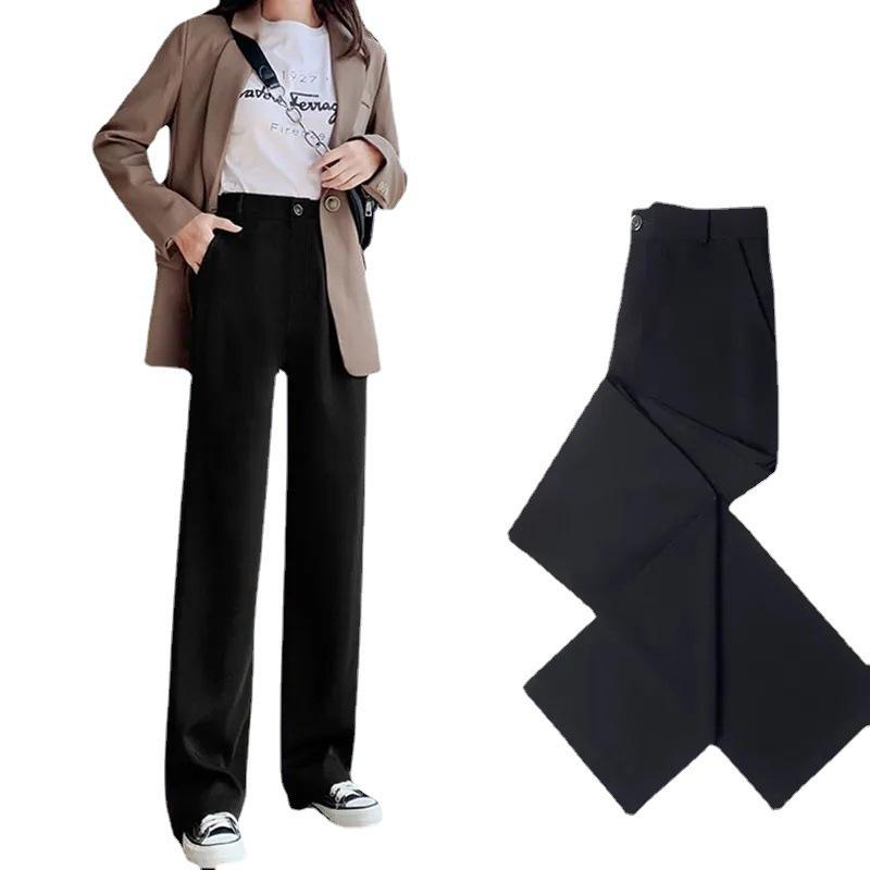 Women's Summer Wide-Leg Drape Pants - Black Straight Trousers