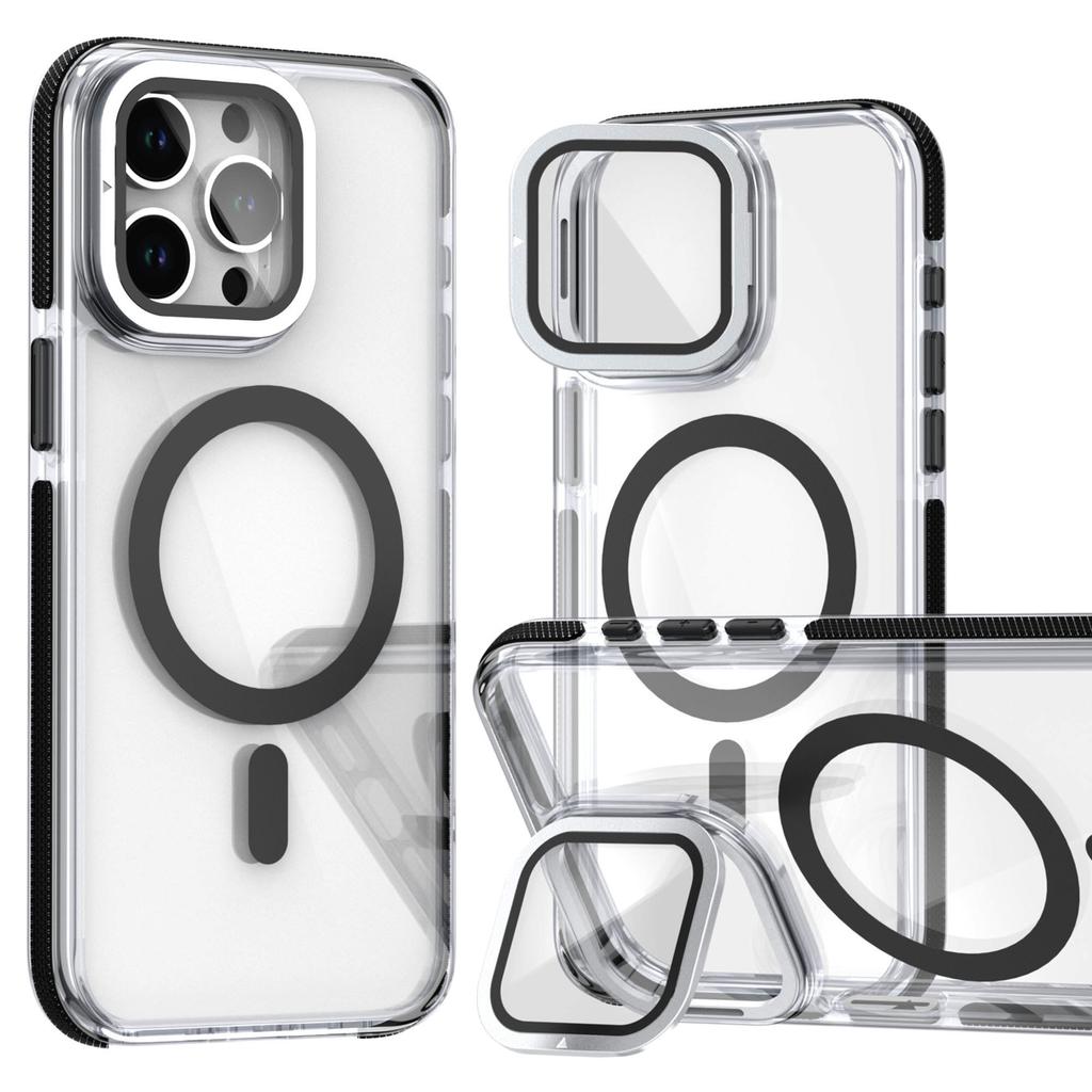 For iPhone 15 Pro Magnetic Case TPU Acrylic Clear Phone Back Cover with Lens Protector Kickstand
