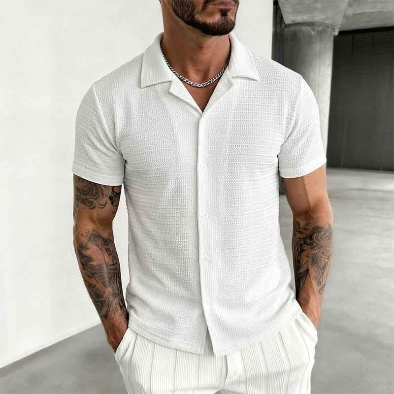 Men Short Sleeve Cuban Collar Shirt Waffle Knit Casual Button Down Top S белый