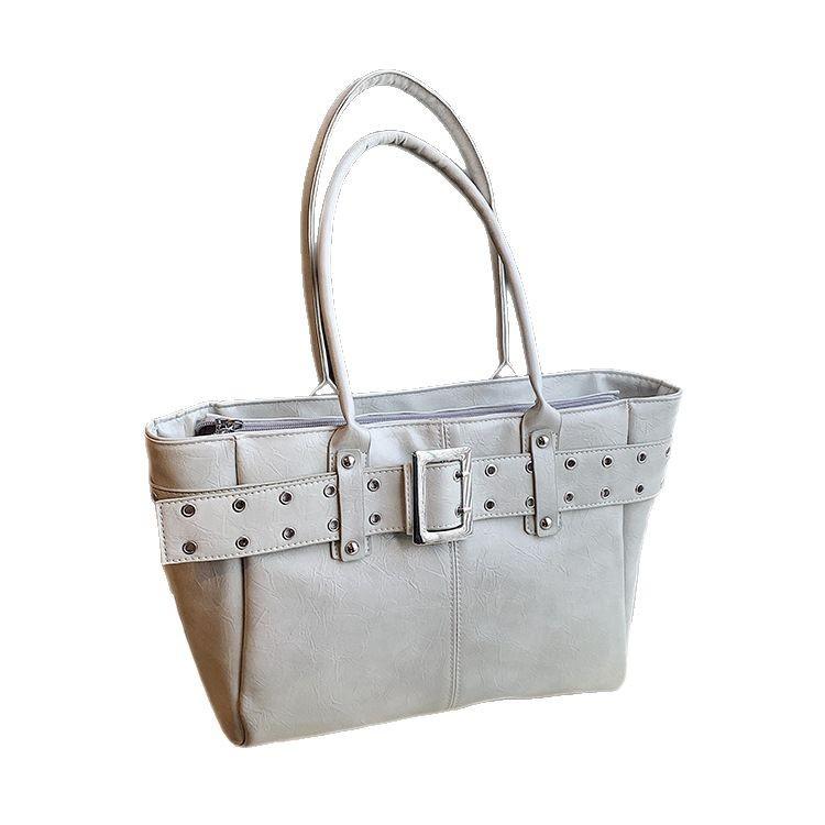 2026 New Women's Leather Biker Belt Tote Bag Large Capacity PU Shoulder Handbag Fashi Commuter Bag