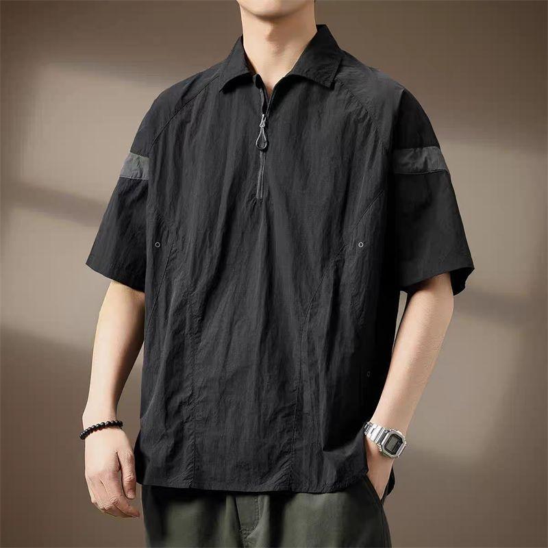 Men Half Zip Contrast Panel Short Sleeve Polo Shirt Oversized Casual Lapel Shirt for Men